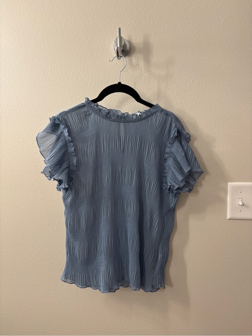Blu Pepper Dusty Blue Ruffled Short Sleeve Pleated Blouse
